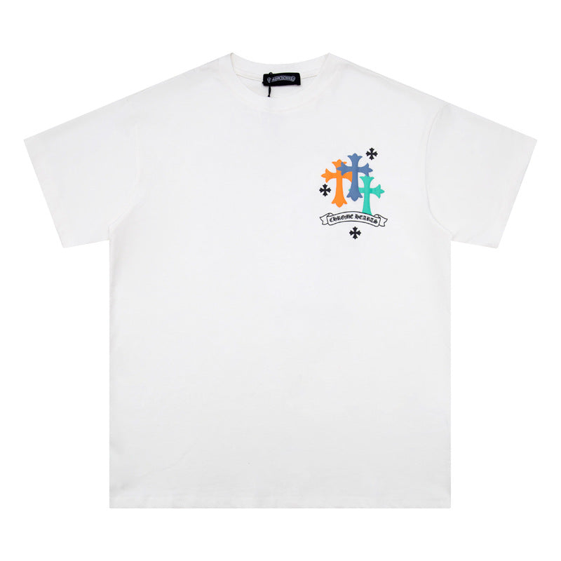 CHH Chrome Heart T Shirts Cross Leather Print Short Sleeve T-Shirt Loose